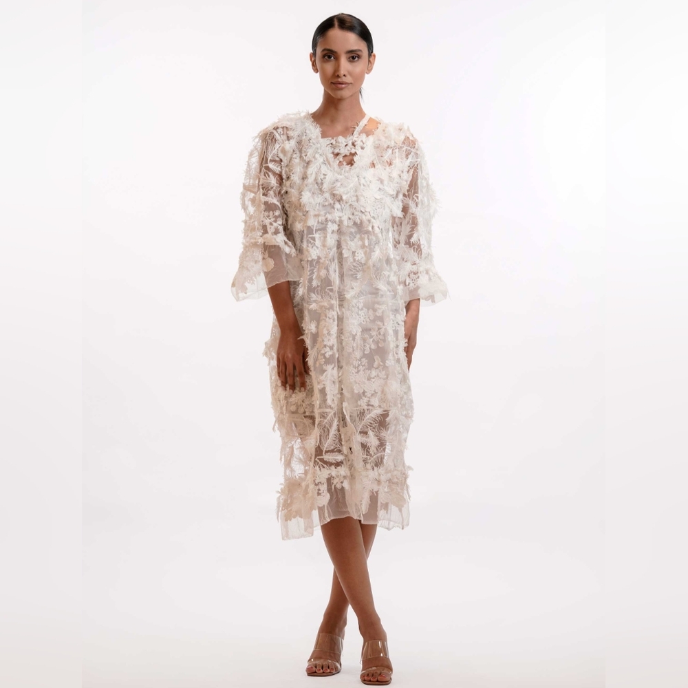 Sheer lace embroidered bell sleeve round neck over dress similar to cover shot